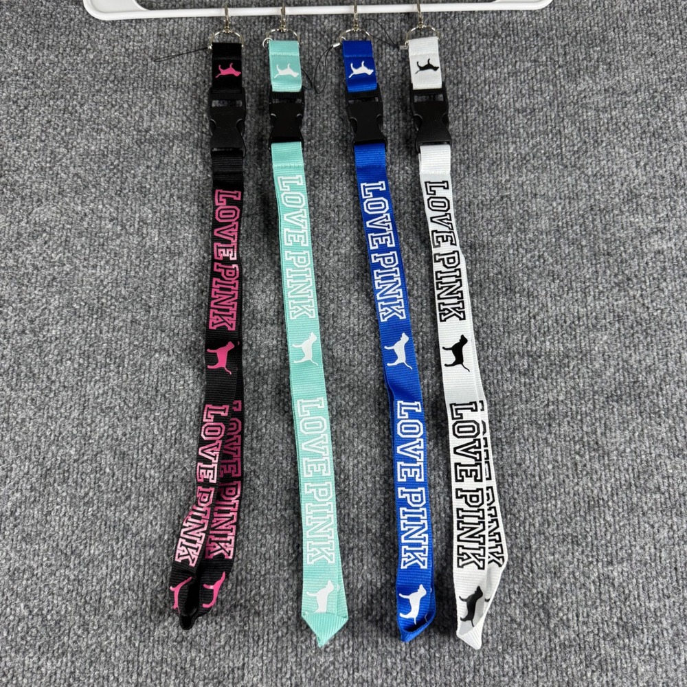 Victoria's Secret PINK Lanyard Set Key Chain ID Holder Black Blue Mint White 4pc